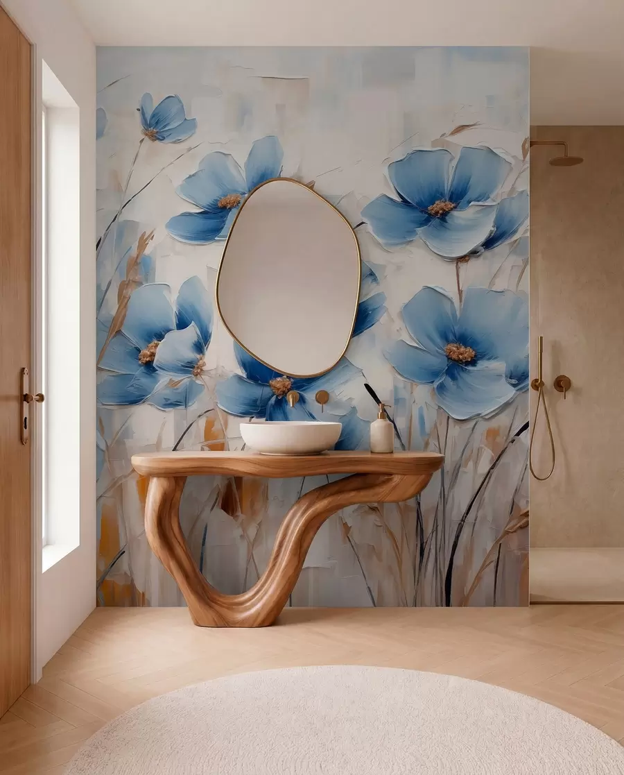 wall murals Плаво цвеће на апстрактној позадини, имитација уљаних потеза w01045