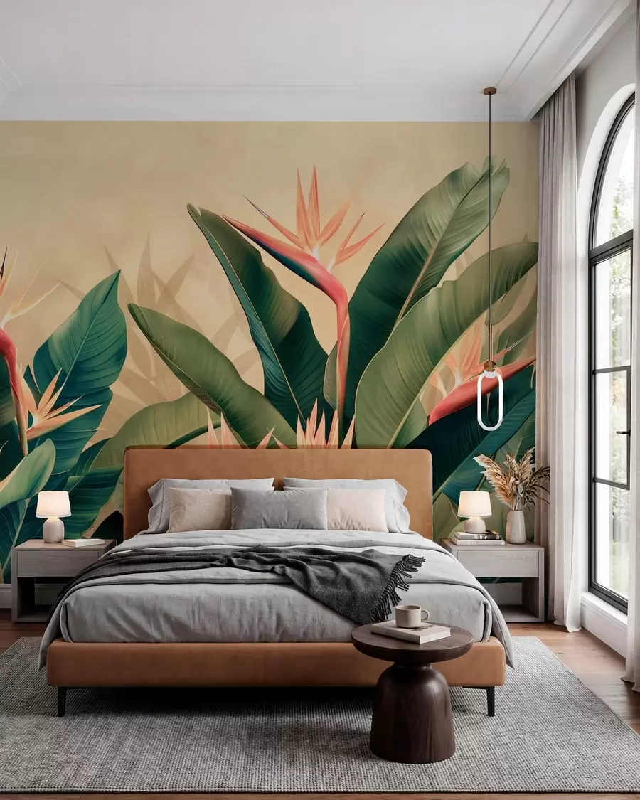 wall murals Бујни аранжман тропског цвећа окружен великим тамнозеленим листовима w01484v1