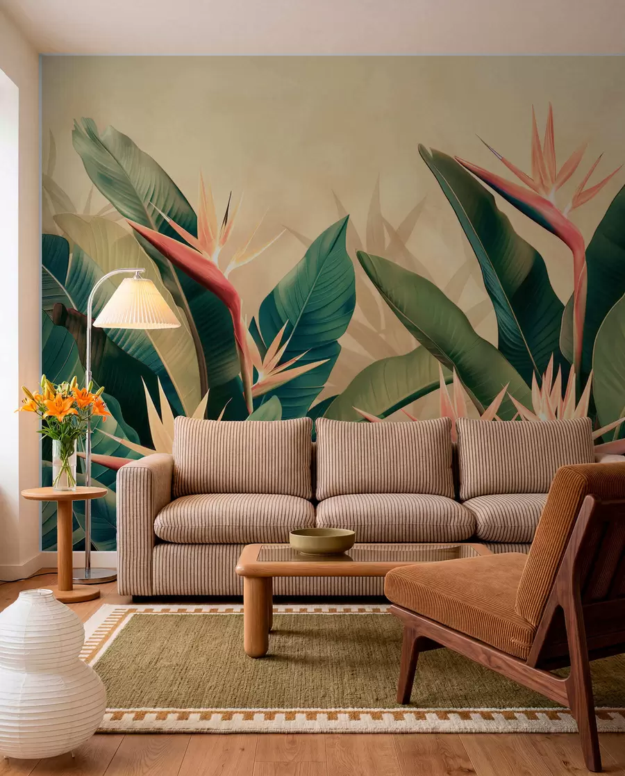 wall murals Бујни аранжман тропског цвећа окружен великим тамнозеленим листовима w01484v1