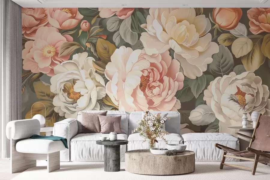 wall murals Букет великих бујних божура и расцветаних ружа у пастелним бојама w01495v1