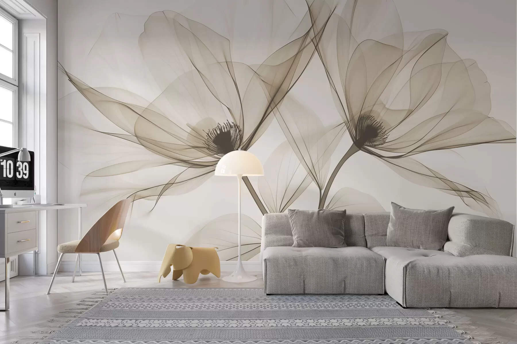 wall murals Смеђи провидни цвет у рендгенском стилу на светлој позадини Минималистички једнобојни ботанички дизајн w01483v1