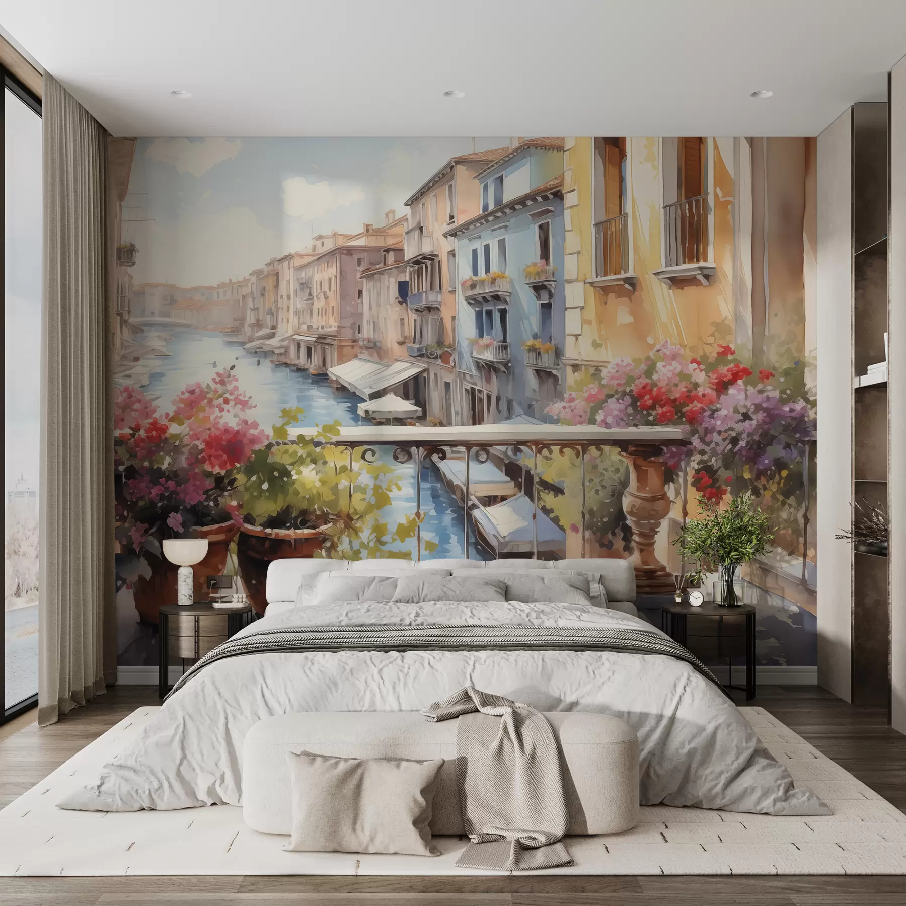 wall murals Цвеће у саксијама на балкону у венецијанском акварелу w01052