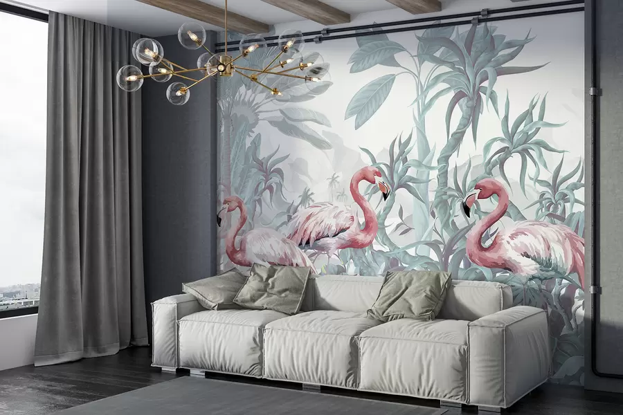 wall murals Ружичасти фламингоси стоје у бујном, тропском лишћу са великим палминим листовима и цвећем у нијансама зелене и беле w08250v1