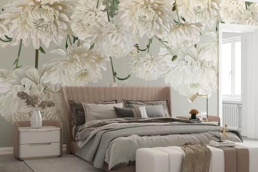 wall murals Цвеће беле хризантеме са зеленим листовима на светло сивој позадини w08251