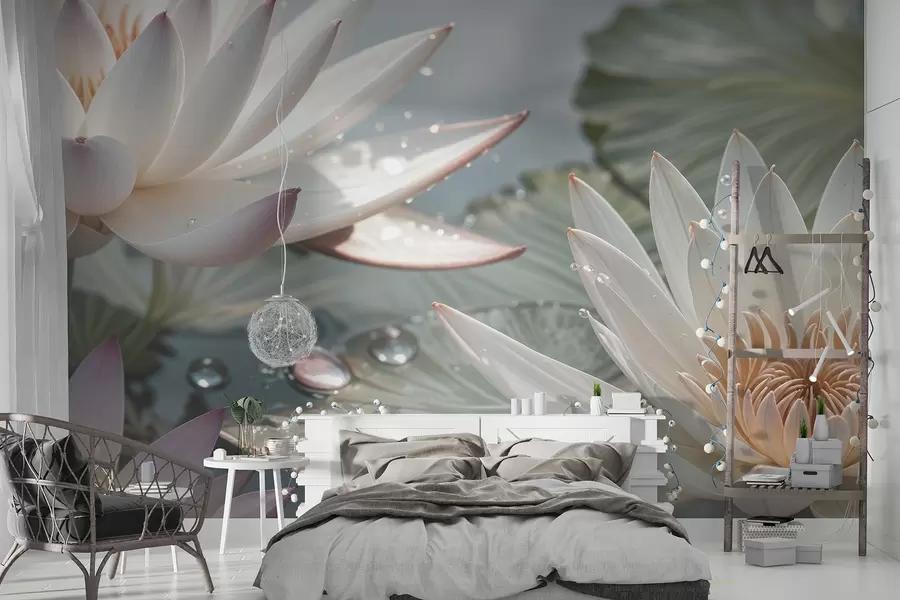 wall murals Крупни план белог лотоса са капљицама воде на латицама на замућеној зеленој позадини w08252
