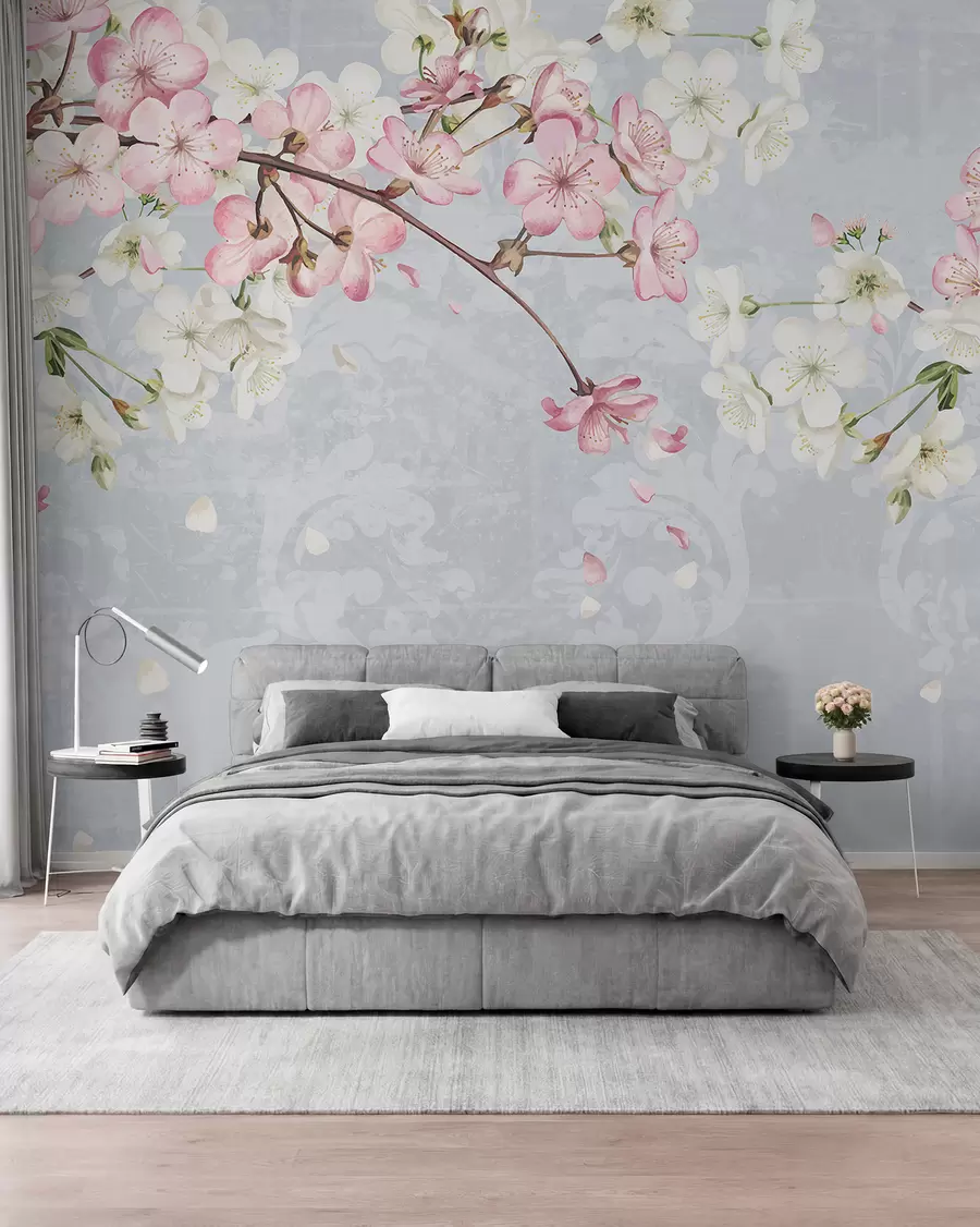 wall murals Ружичасти и бели цветови трешње у пуном цвету, са меким латицама које падају на текстурисану плаву позадину w08254