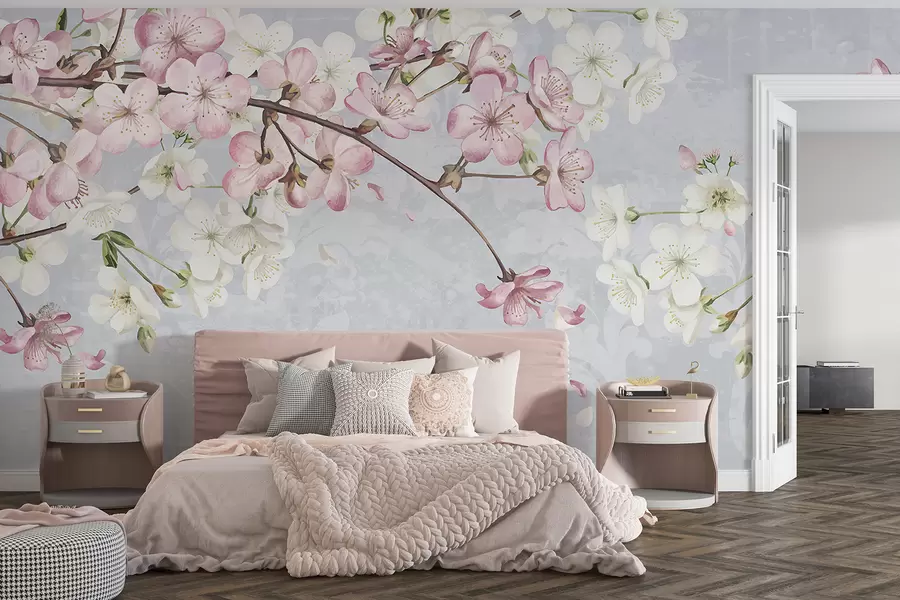 wall murals Ружичасти и бели цветови трешње у пуном цвету, са меким латицама које падају на текстурисану плаву позадину w08254