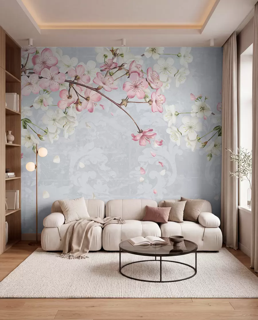 wall murals Ружичасти и бели цветови трешње у пуном цвету, са меким латицама које падају на текстурисану плаву позадину w08254
