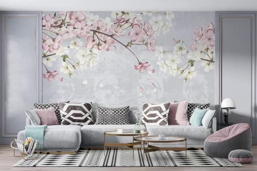 wall murals Ружичасти и бели цветови трешње у пуном цвету, са меким латицама које падају на текстурисану плаву позадину w08254
