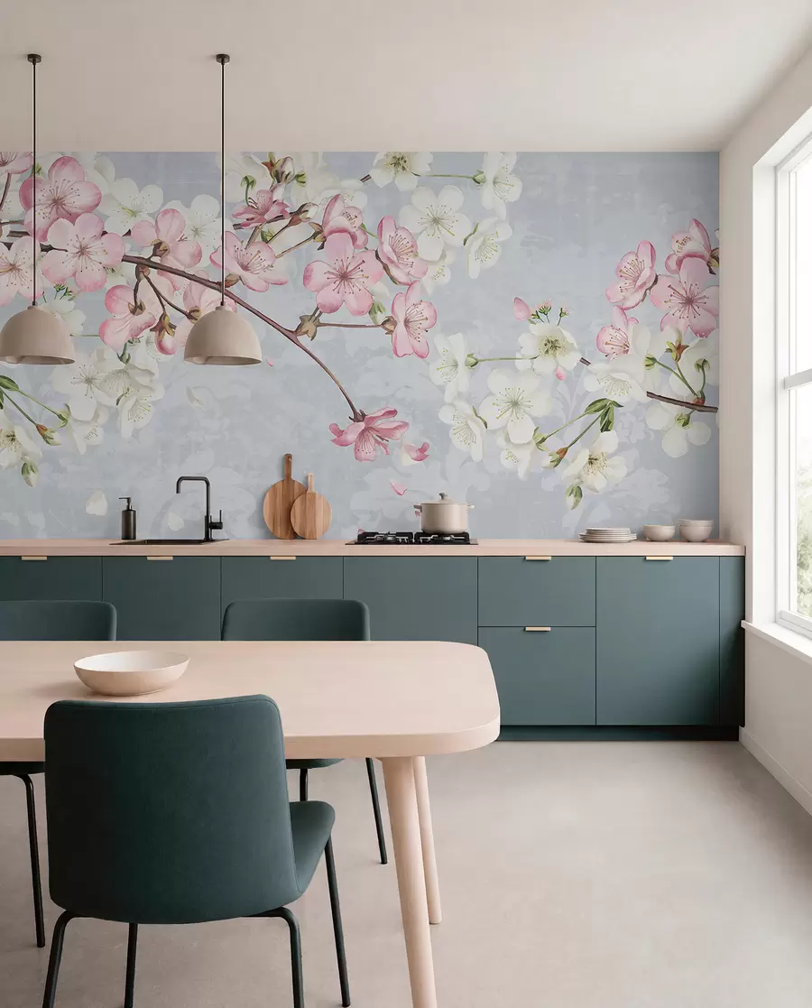 wall murals Ружичасти и бели цветови трешње у пуном цвету, са меким латицама које падају на текстурисану плаву позадину w08254