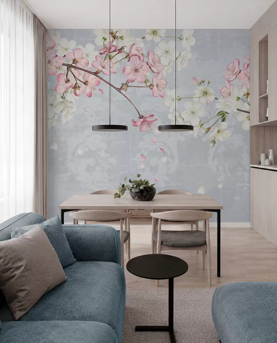 wall murals Ружичасти и бели цветови трешње у пуном цвету, са меким латицама које падају на текстурисану плаву позадину w08254
