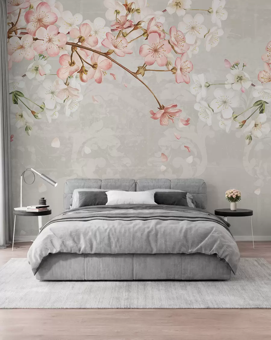 wall murals Ружичасти и бели цветови трешње у пуном цвету, са меким латицама које падају на текстурисану беж позадину w08254v1