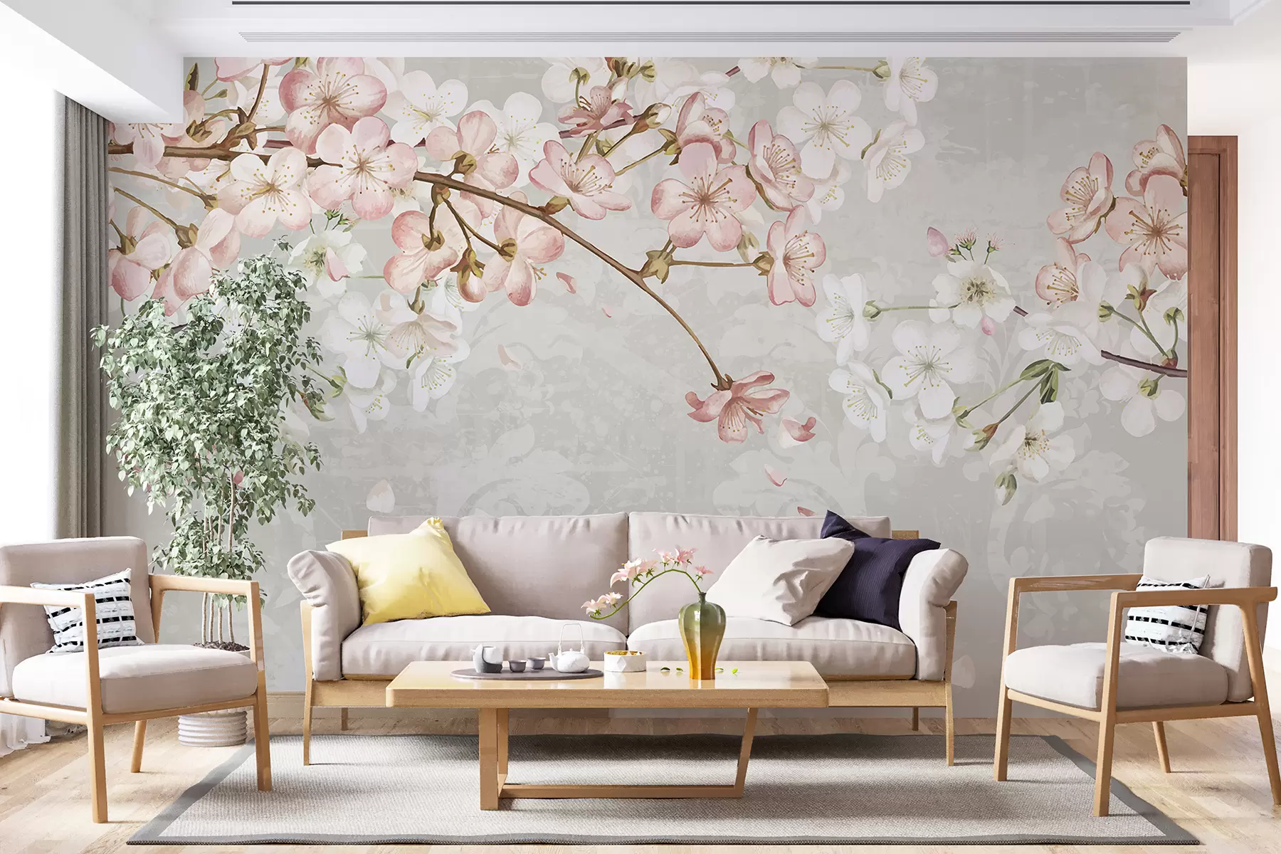 wall murals Ружичасти и бели цветови трешње у пуном цвету, са меким латицама које падају на текстурисану беж позадину w08254v1