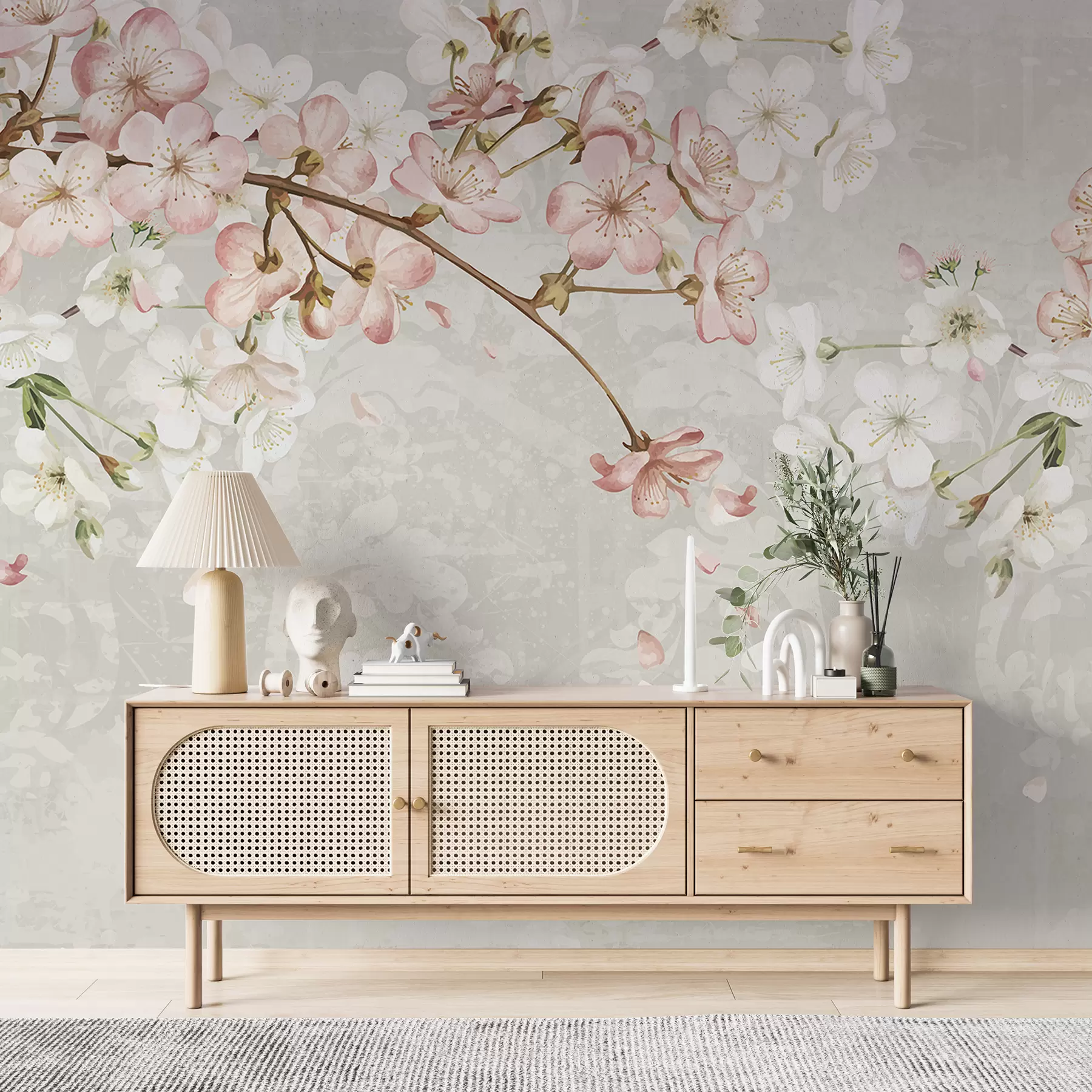 wall murals Ружичасти и бели цветови трешње у пуном цвету, са меким латицама које падају на текстурисану беж позадину w08254v1