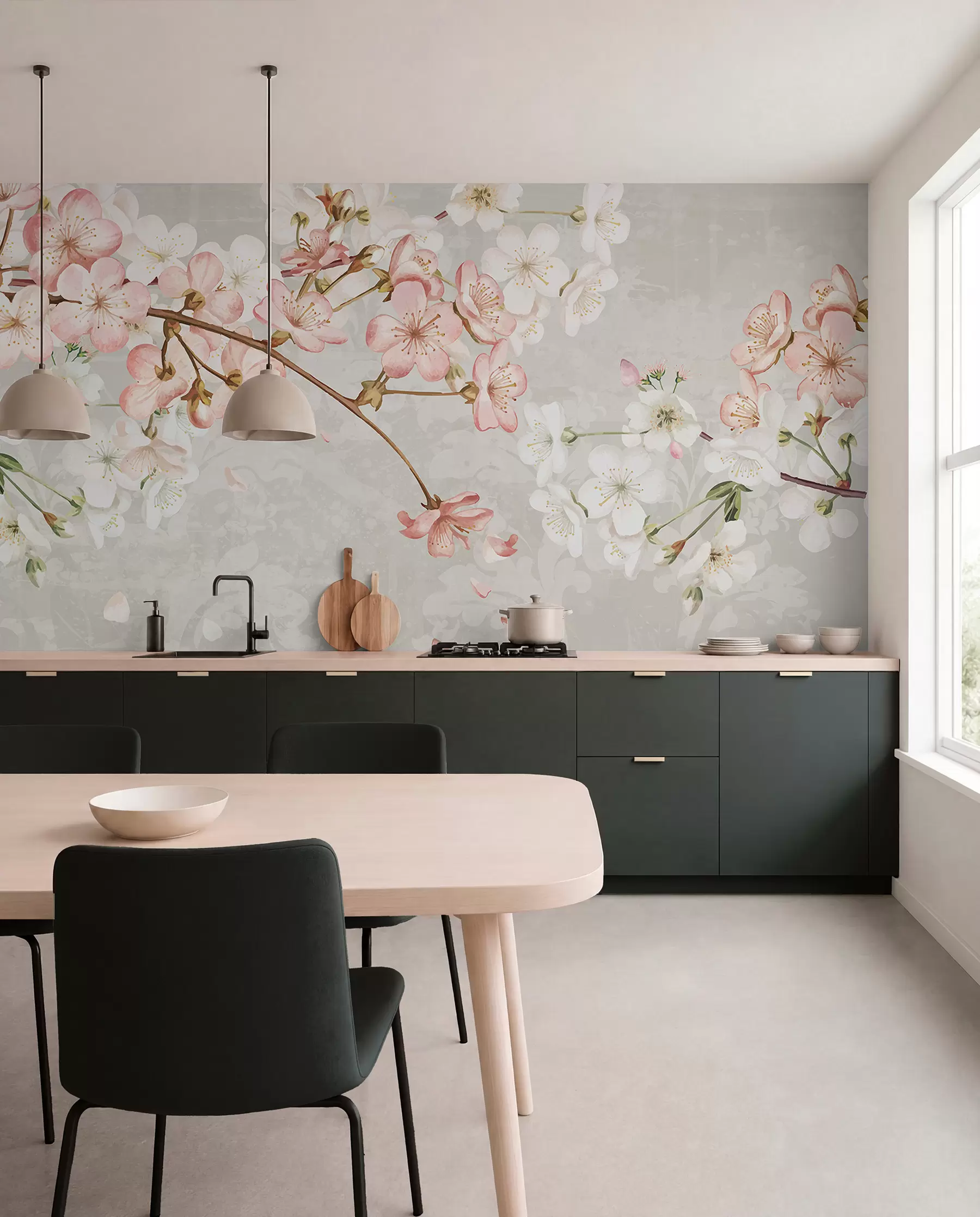 wall murals Ружичасти и бели цветови трешње у пуном цвету, са меким латицама које падају на текстурисану беж позадину w08254v1
