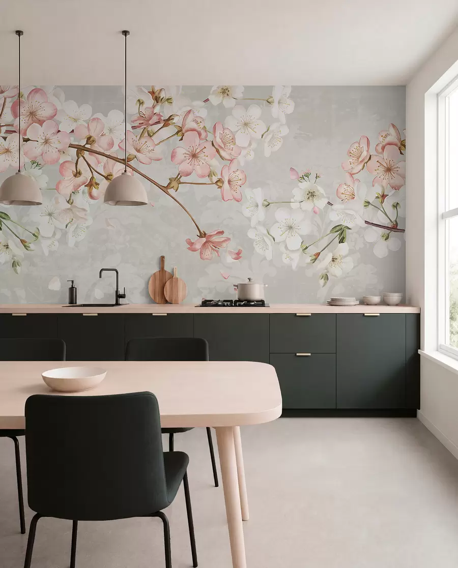 wall murals Ружичасти и бели цветови трешње у пуном цвету, са меким латицама које падају на текстурисану беж позадину w08254v1
