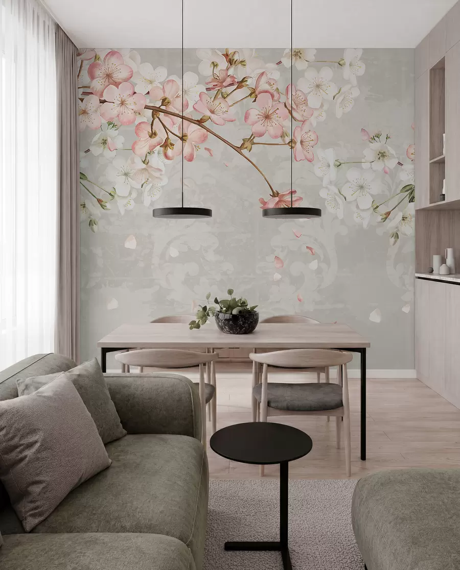 wall murals Ружичасти и бели цветови трешње у пуном цвету, са меким латицама које падају на текстурисану беж позадину w08254v1
