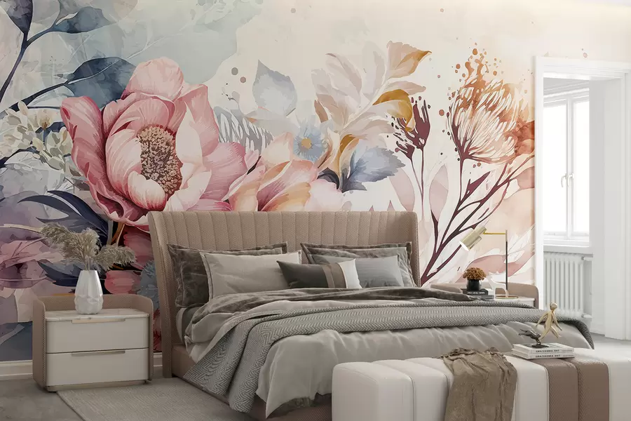 wall murals Велики розе и плави цветови са деликатним латицама, окружени мањим цветовима на позадини акварела w08256