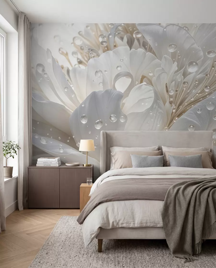 wall murals Крупни план цвета белог божура са деликатним латицама и капљицама воде w08262