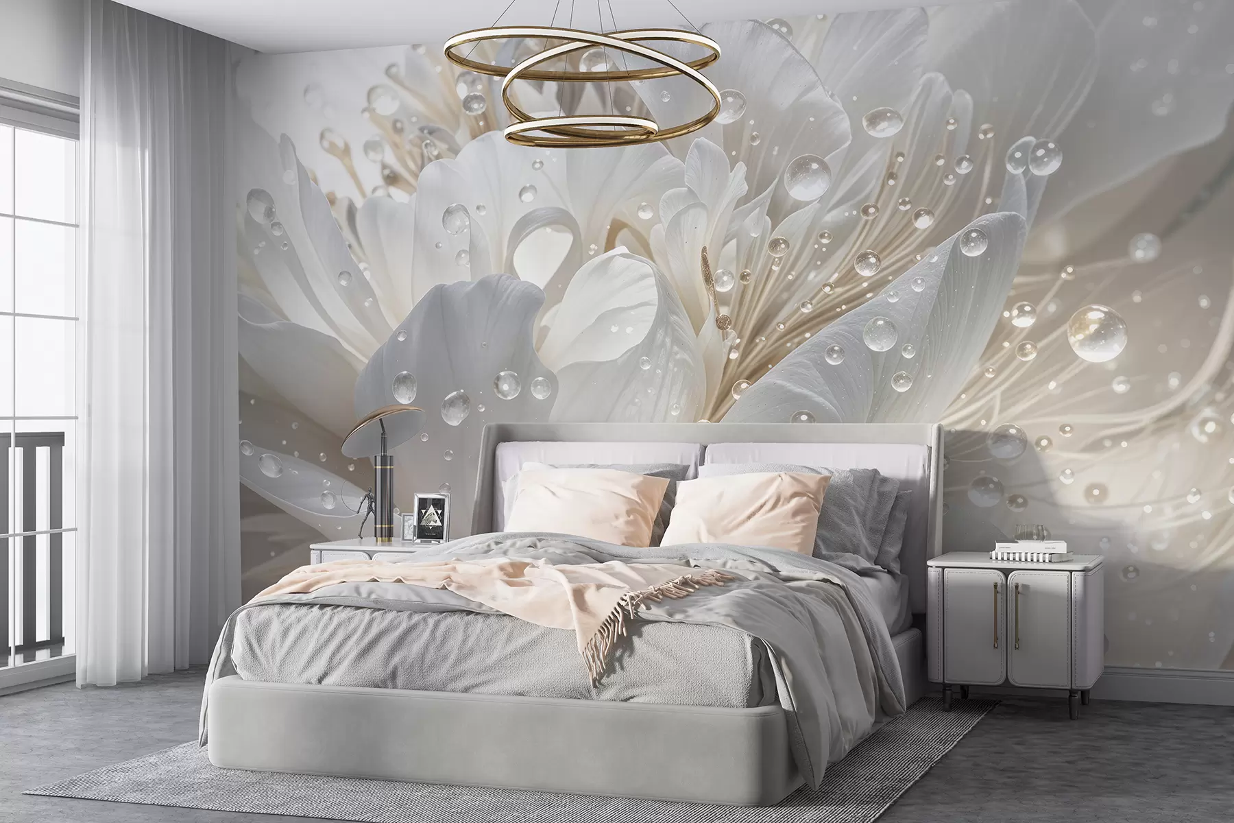 wall murals Крупни план цвета белог божура са деликатним латицама и капљицама воде w08262