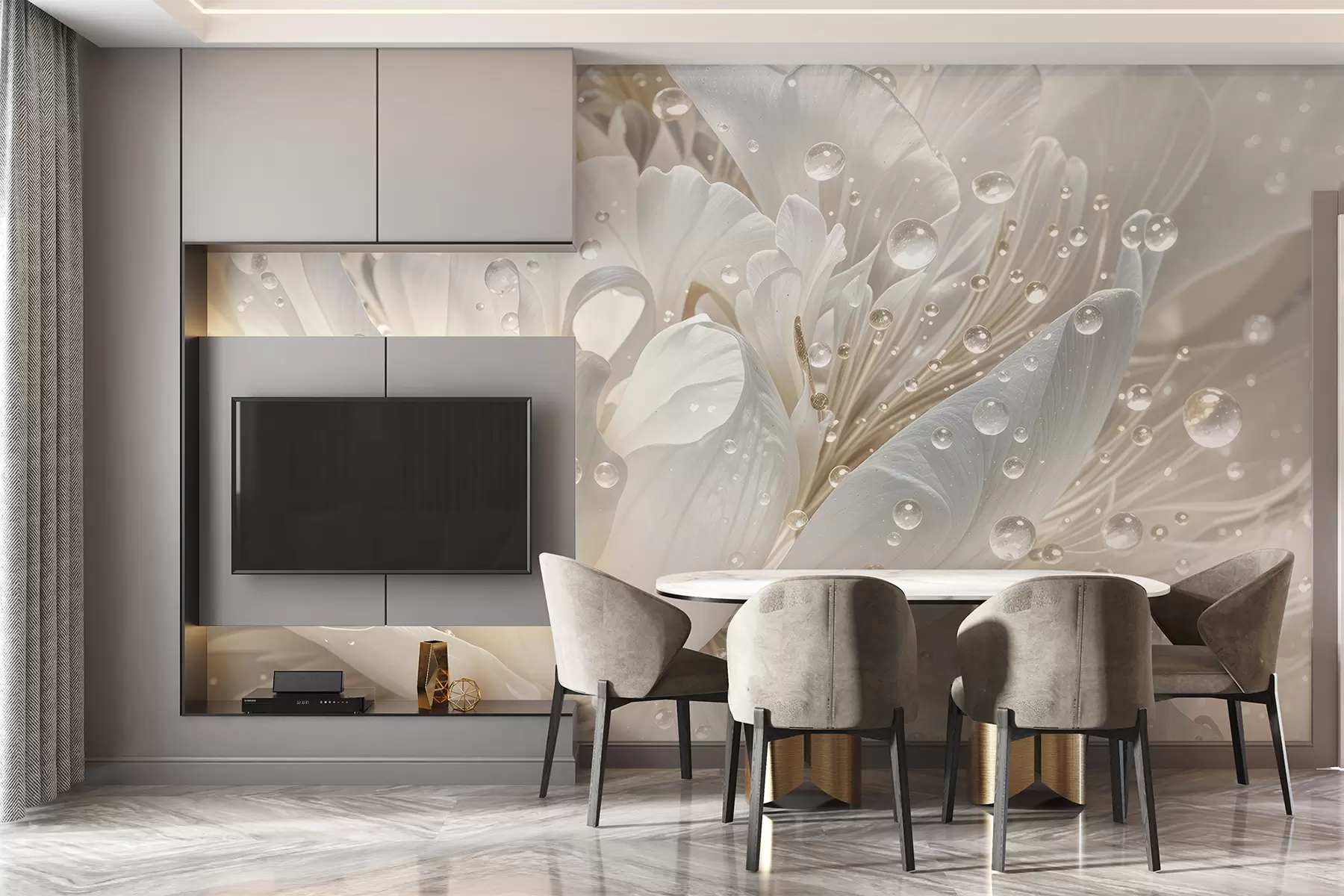 wall murals Крупни план цвета белог божура са деликатним латицама и капљицама воде w08262