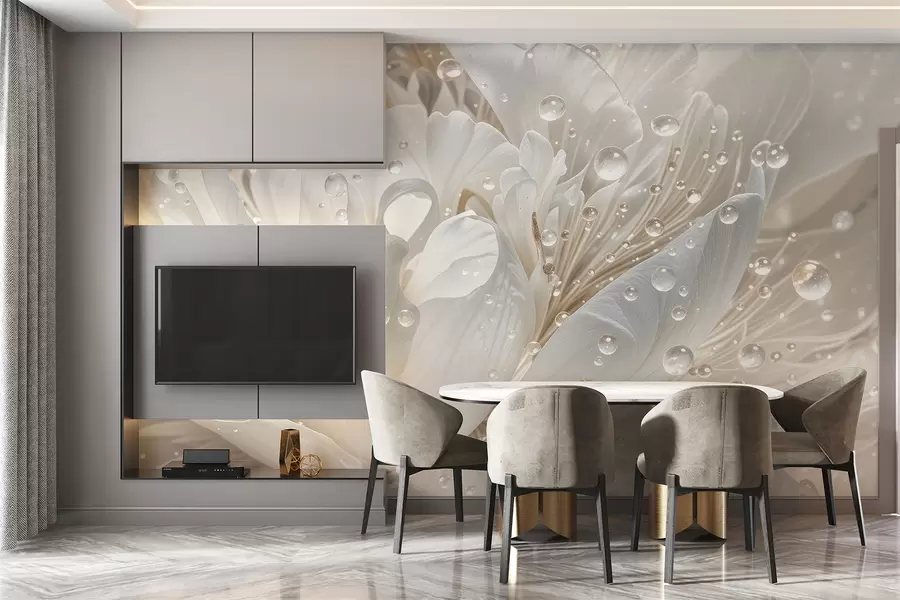 wall murals Крупни план цвета белог божура са деликатним латицама и капљицама воде w08262