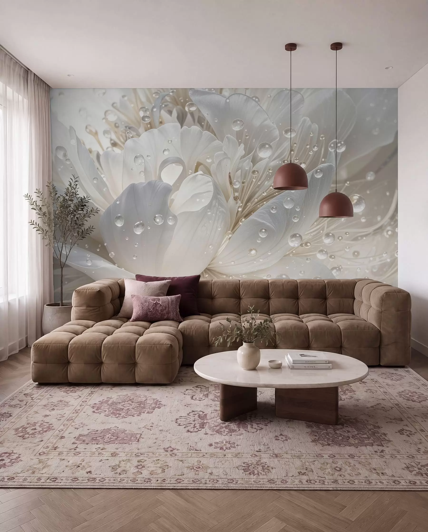 wall murals Крупни план цвета белог божура са деликатним латицама и капљицама воде w08262
