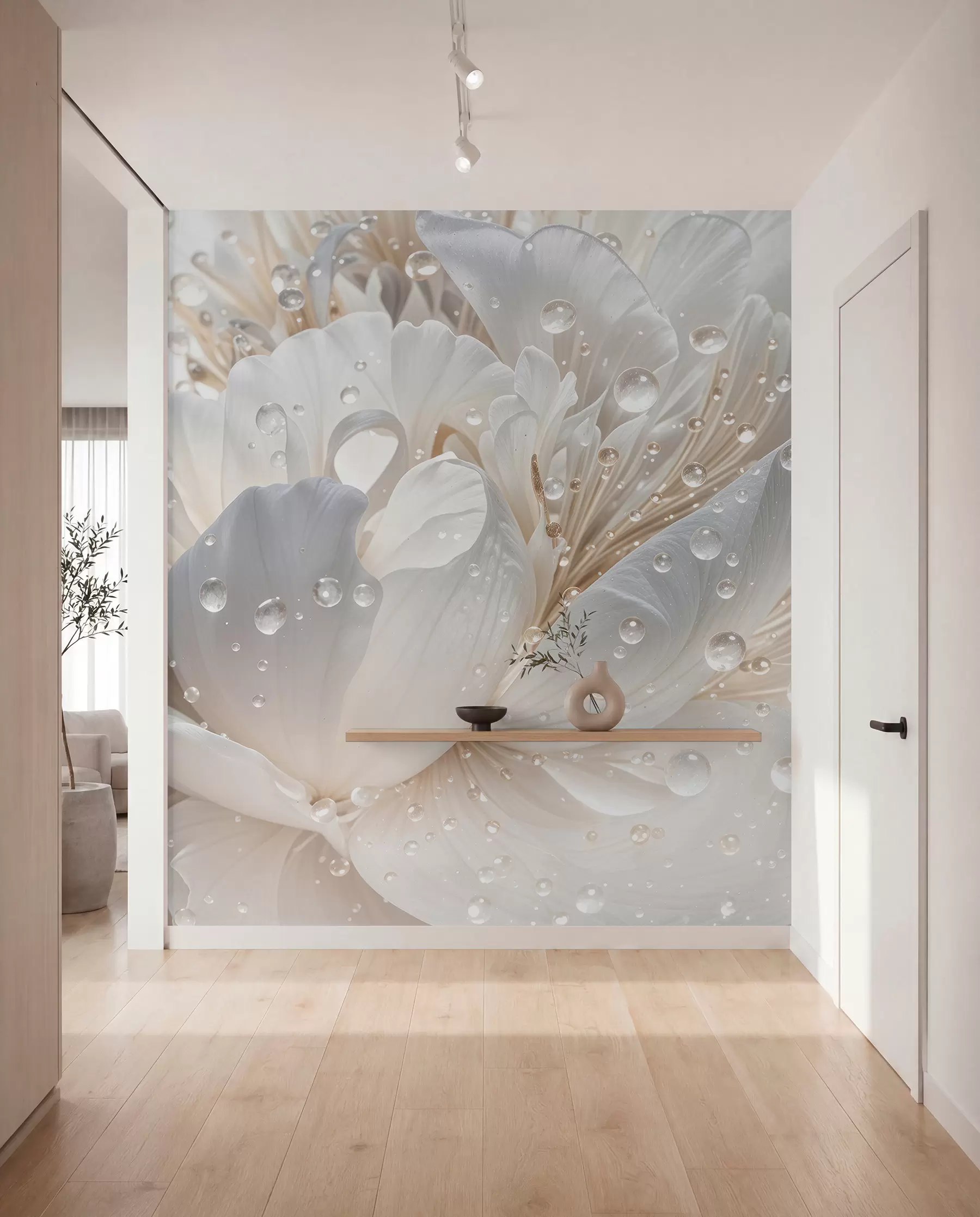 wall murals Крупни план цвета белог божура са деликатним латицама и капљицама воде w08262