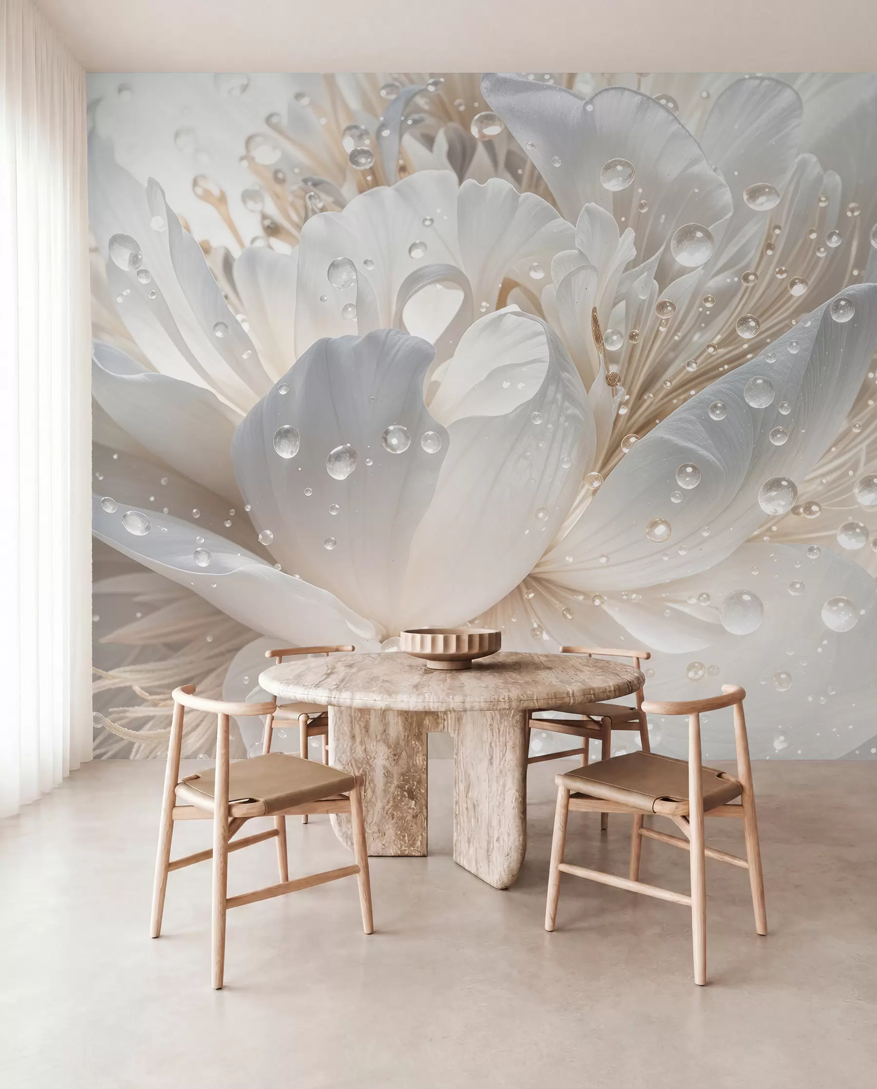 wall murals Крупни план цвета белог божура са деликатним латицама и капљицама воде w08262