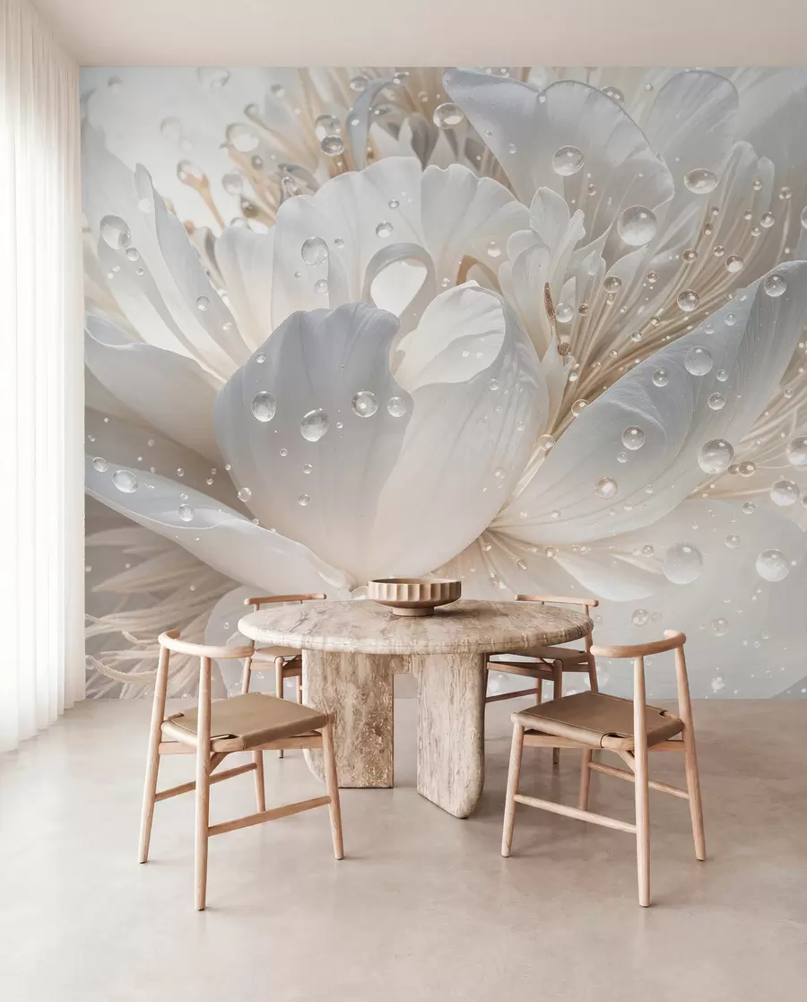 wall murals Крупни план цвета белог божура са деликатним латицама и капљицама воде w08262