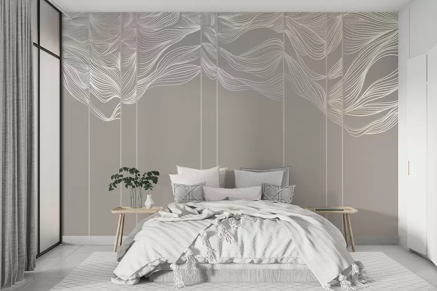 wall murals Текући бели апстрактни таласи на светло смеђој позадини w08263