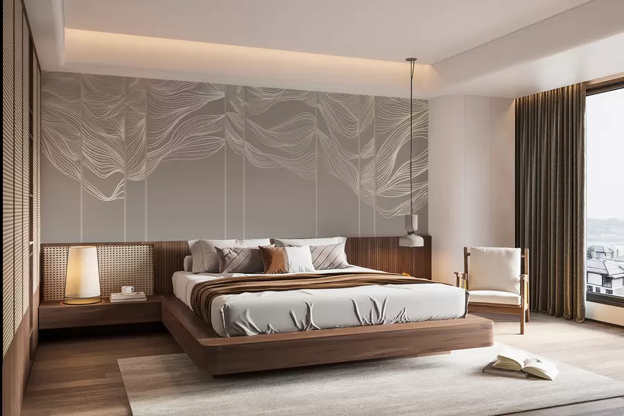 wall murals Текући бели апстрактни таласи на светло смеђој позадини w08263