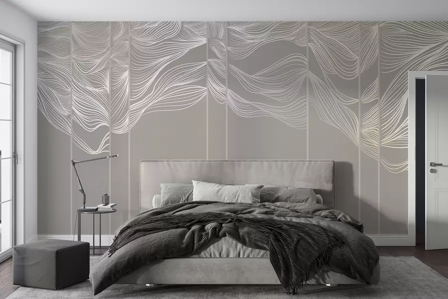wall murals Текући бели апстрактни таласи на светло смеђој позадини w08263