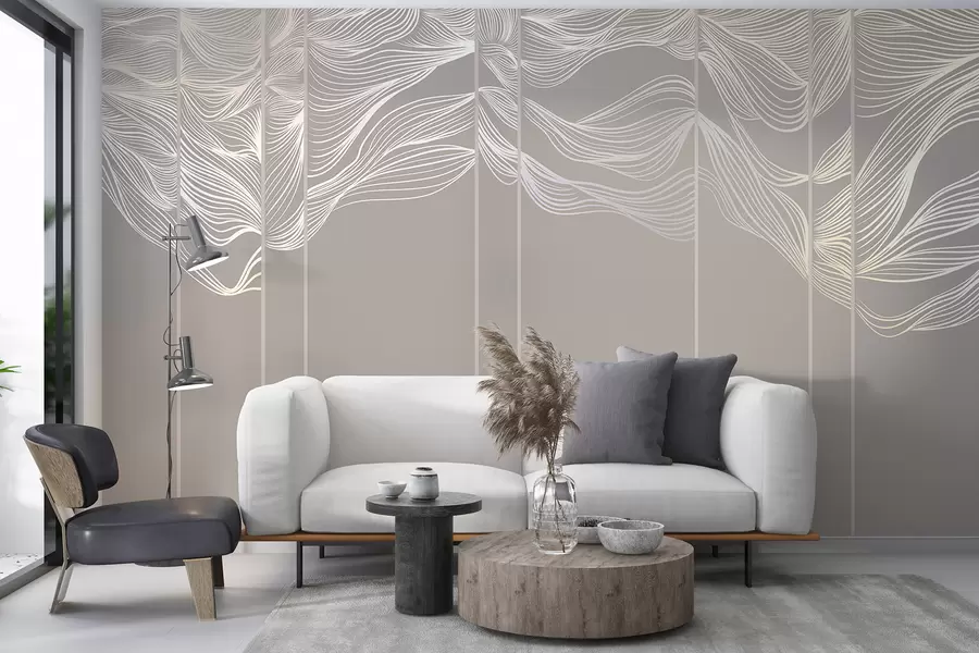 wall murals Текући бели апстрактни таласи на светло смеђој позадини w08263