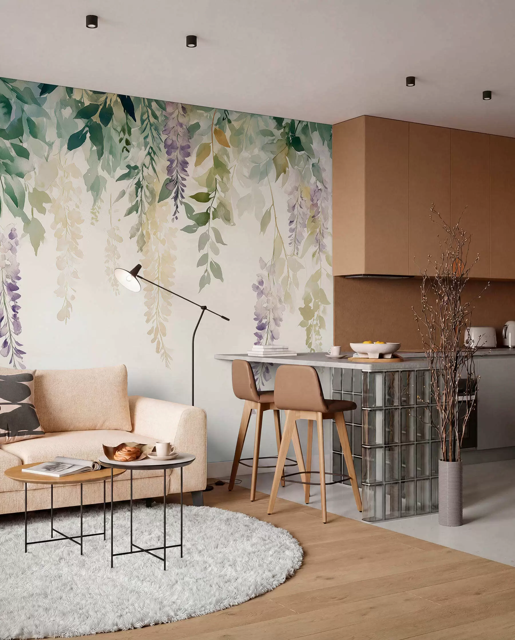 wall murals Орнамент од глициније, цветни, акварел, природне боје w01545