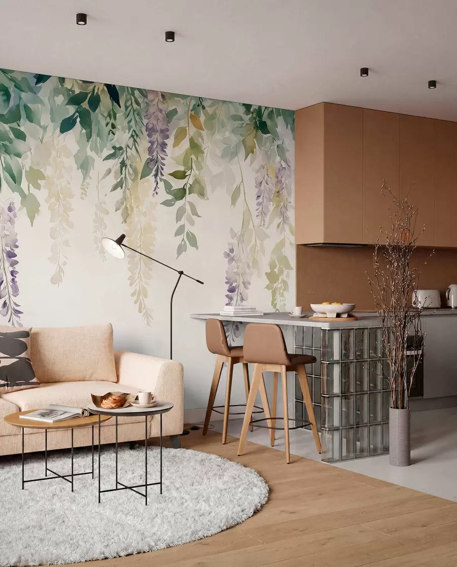 wall murals Орнамент од глициније, цветни, акварел, природне боје w01545
