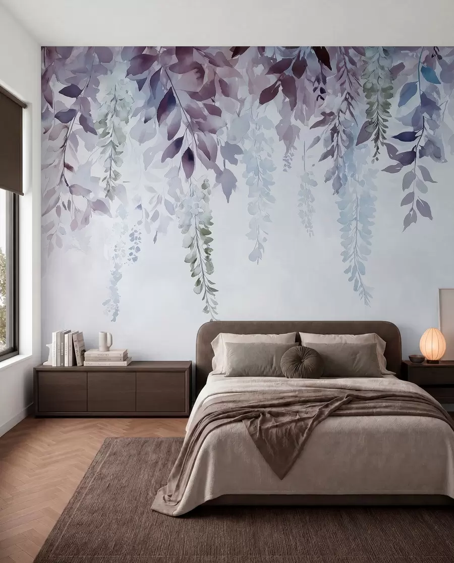 wall murals Орнамент цвећа глициније, цветне, акварелне, плаве и љубичасте боје w01545v1