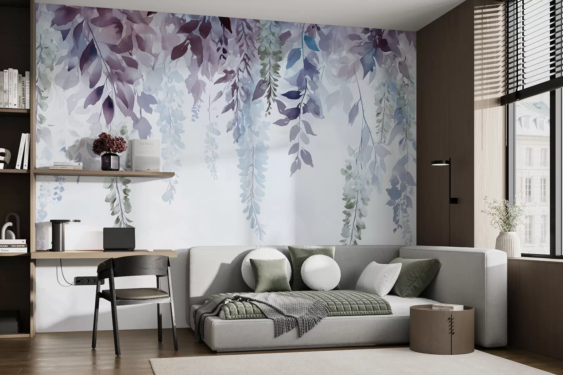 wall murals Орнамент цвећа глициније, цветне, акварелне, плаве и љубичасте боје w01545v1