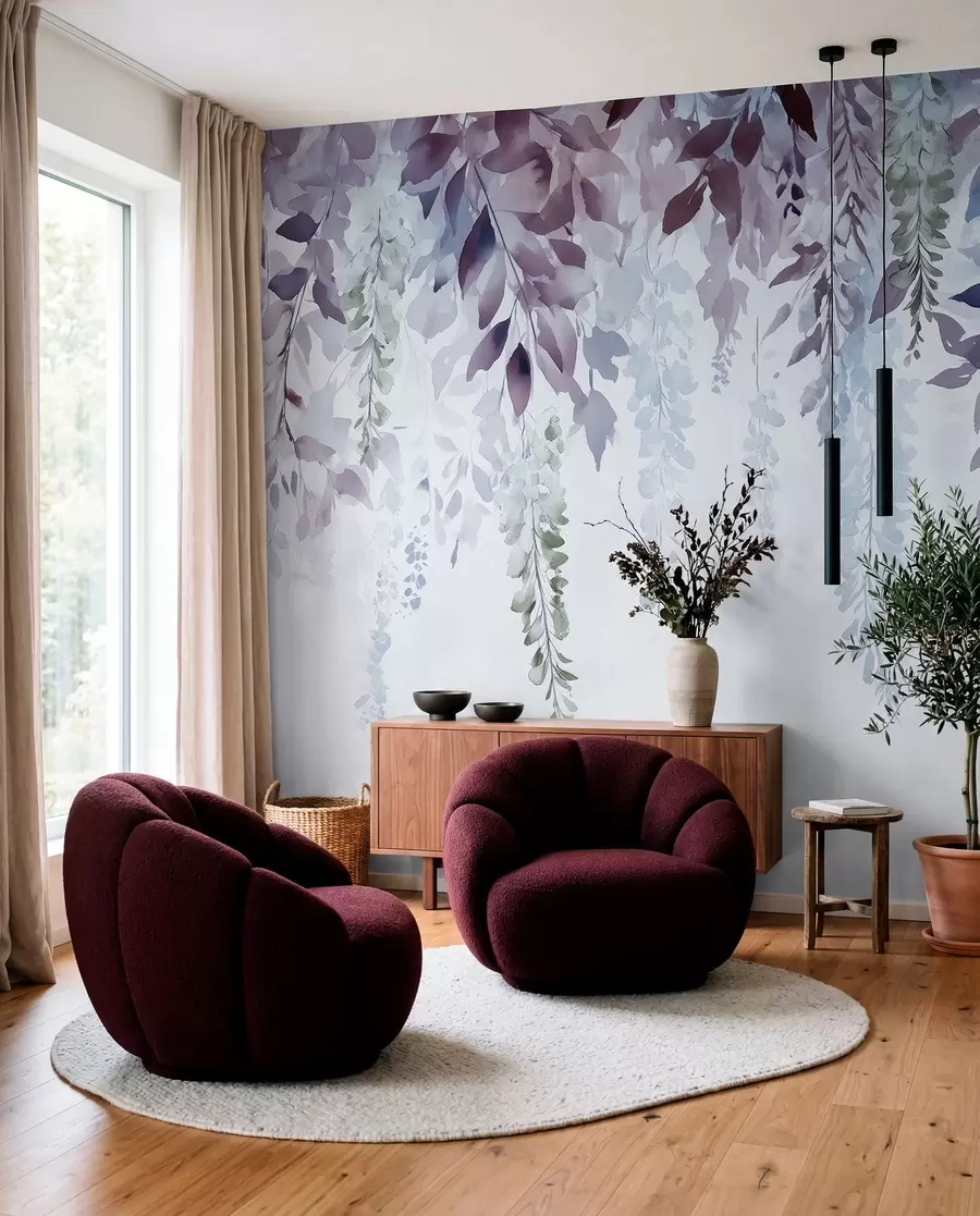 wall murals Орнамент цвећа глициније, цветне, акварелне, плаве и љубичасте боје w01545v1