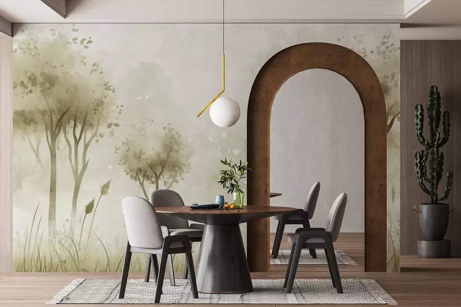 wall murals Акварел шума са травом и дрвећем, зелене боје w01546v1