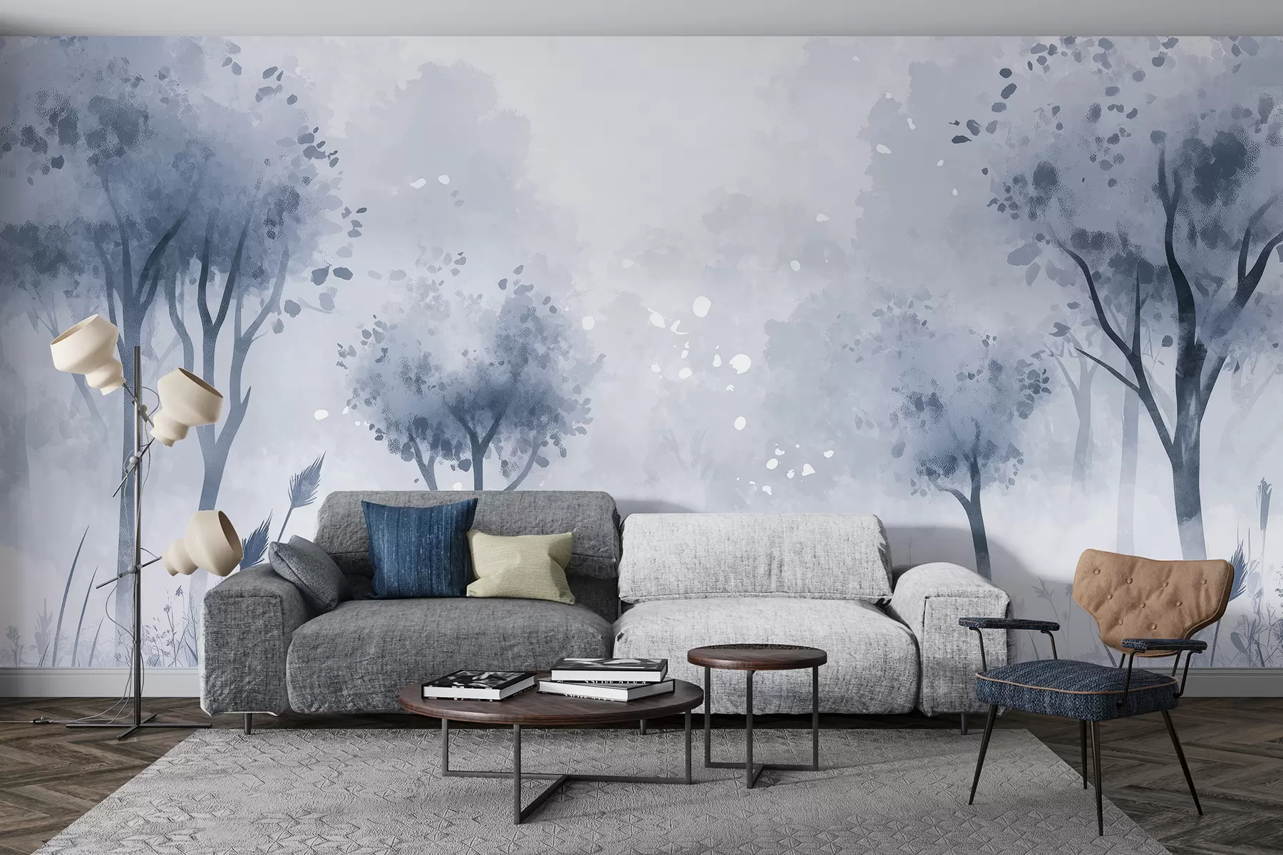 wall murals Акварел шума са травом и дрвећем, сиве боје w01546v2
