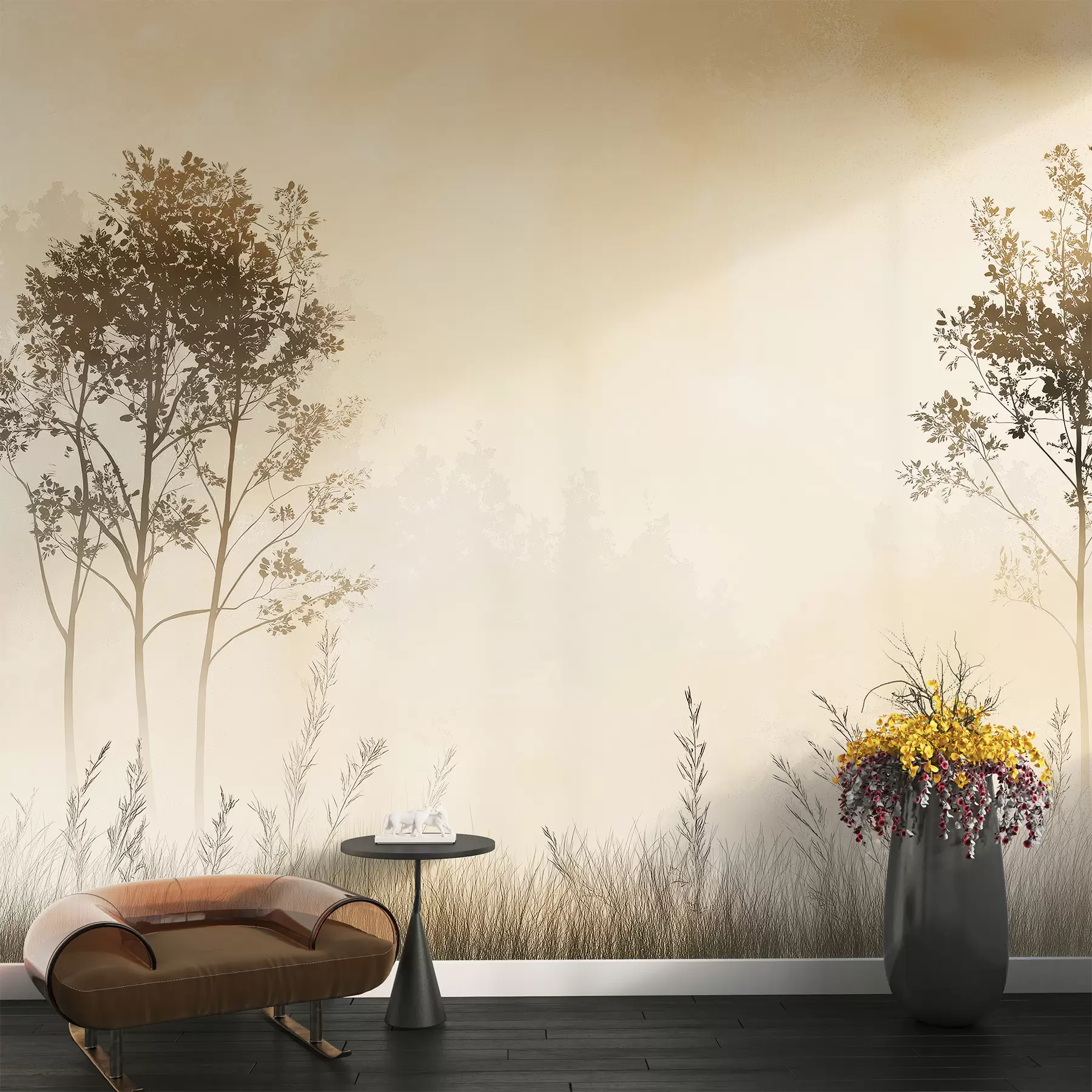 wall murals Магловита шума, природни пејзажи, ливада, дрвеће, беж боја w01547