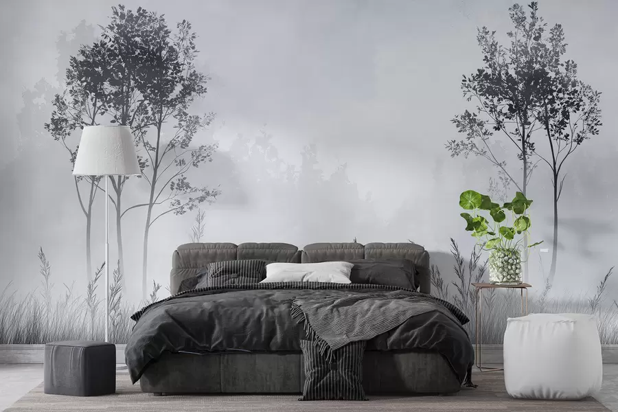 wall murals Магловита шума, природни пејзажи, ливада, дрвеће, сива боја w01547v1