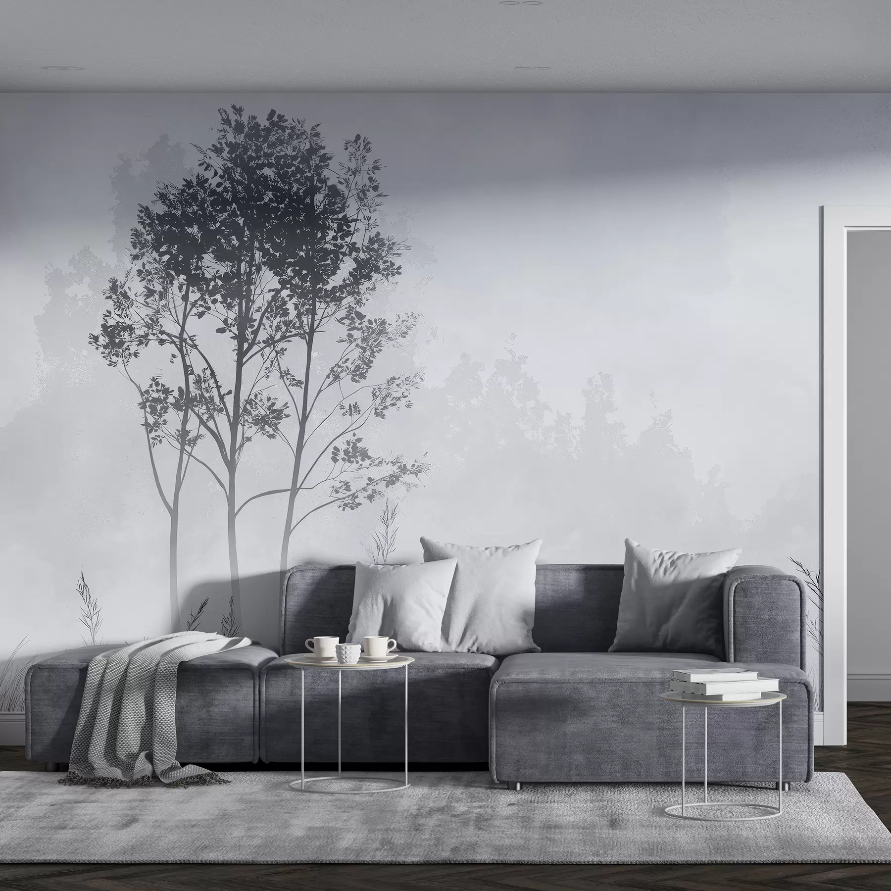 wall murals Магловита шума, природни пејзажи, ливада, дрвеће, сива боја w01547v1