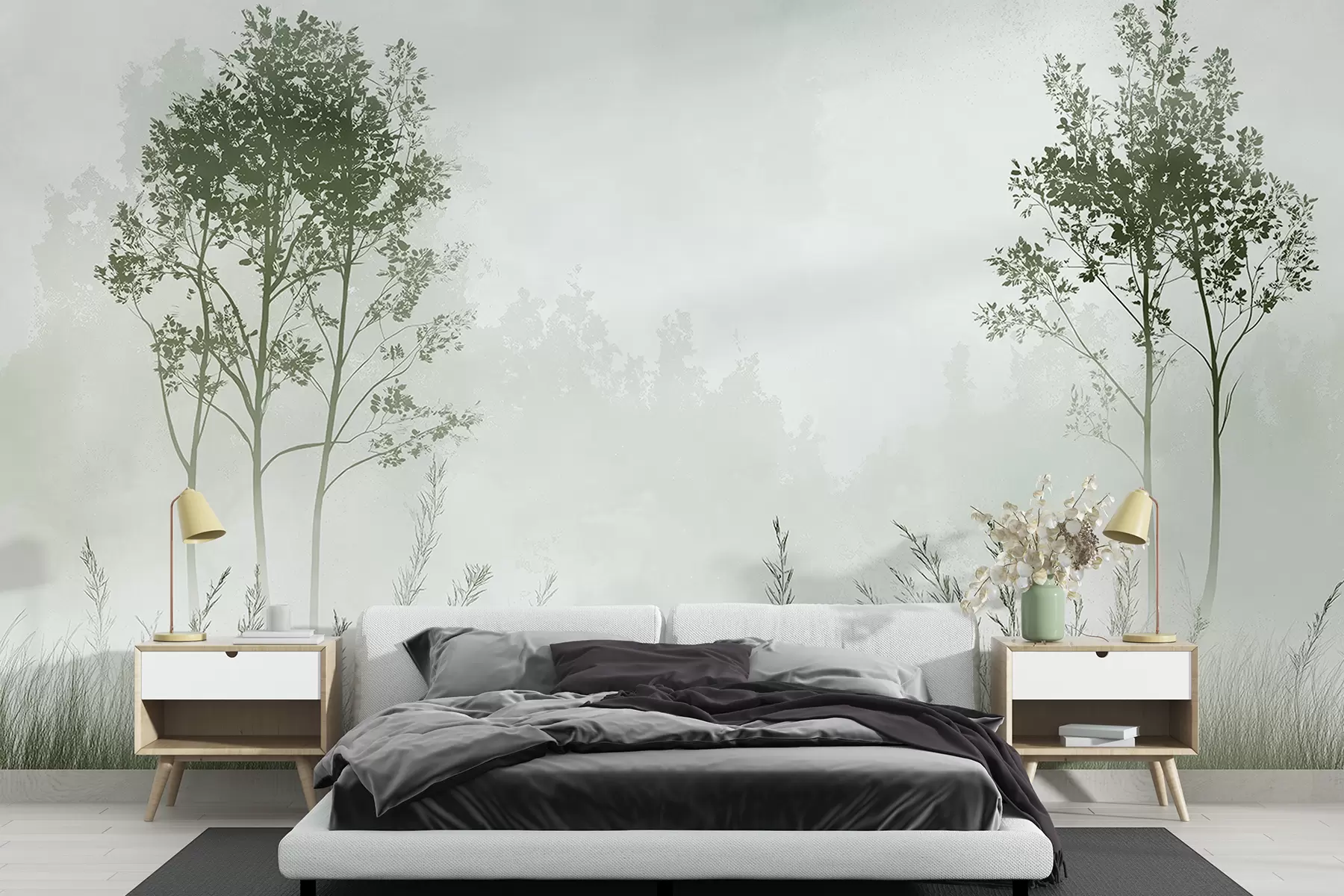 wall murals Магловита шума, природни пејзажи, ливада, дрвеће, зелена боја w01547v2