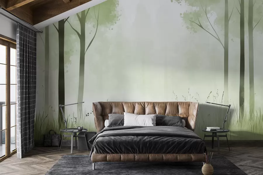 wall murals Акварел шума, магла, дрвеће, трава, природни пејзаж, зелена боја w01563v2