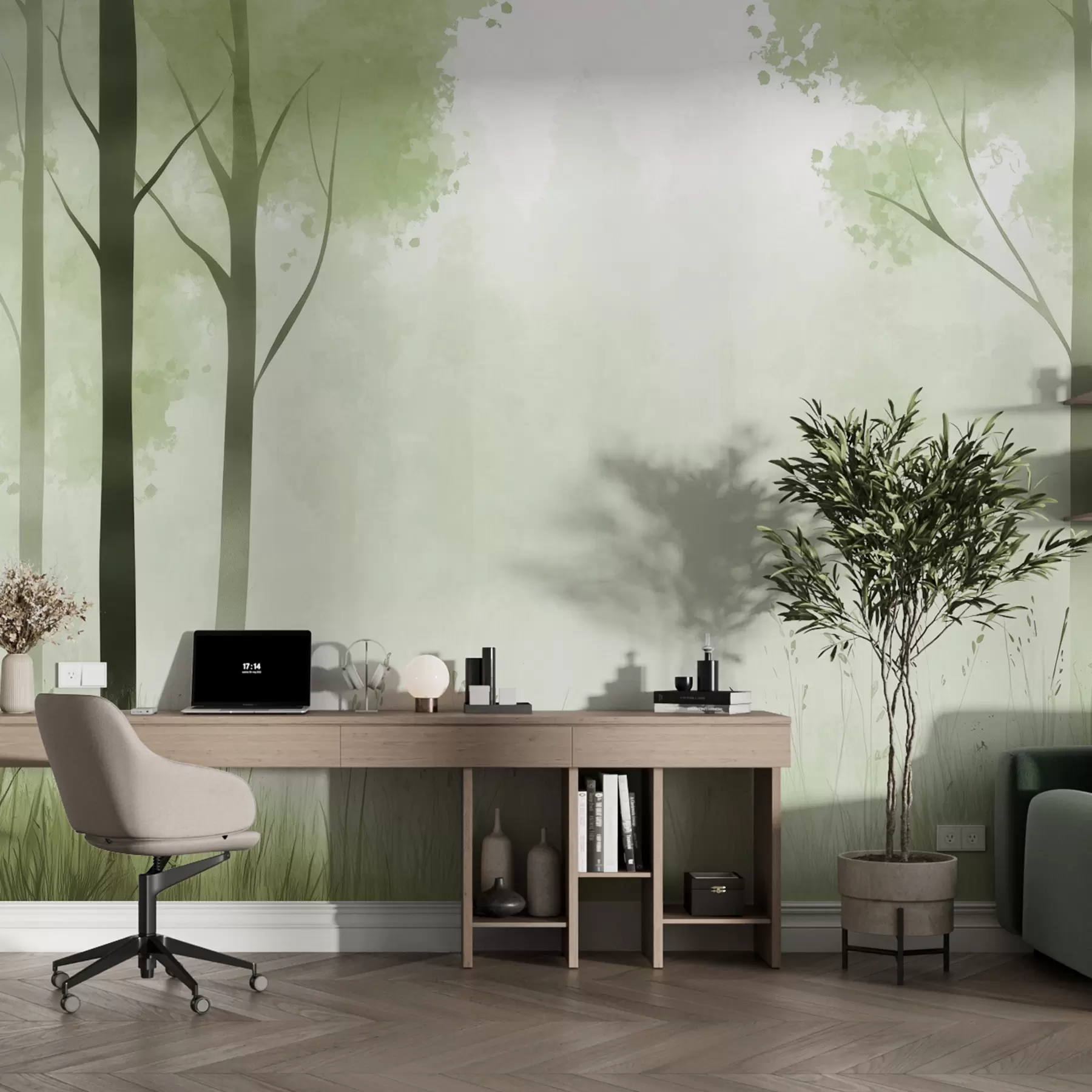 wall murals Акварел шума, магла, дрвеће, трава, природни пејзаж, зелена боја w01563v2