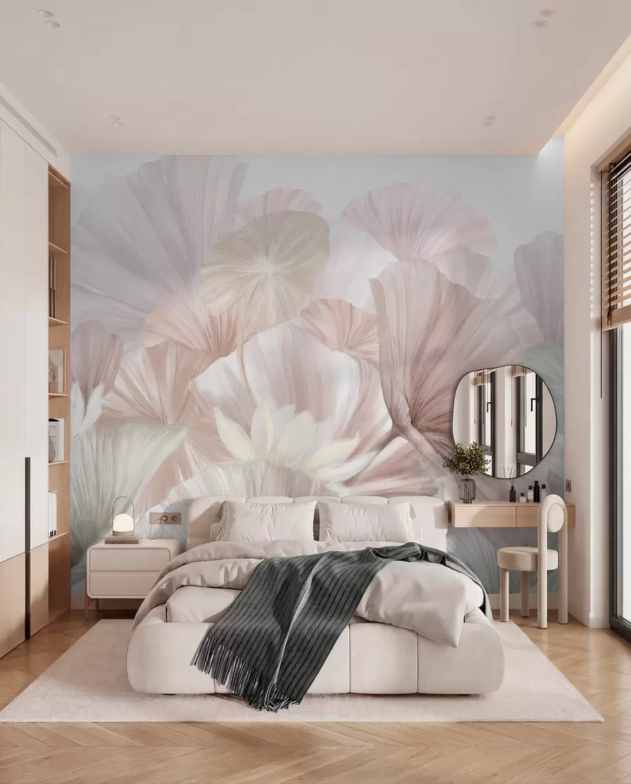 wall murals Нежни ружичасти листови лотоса са белим цветовима са меким, пернатим латицама распоређеним у природну уметничку композицију w08265v1