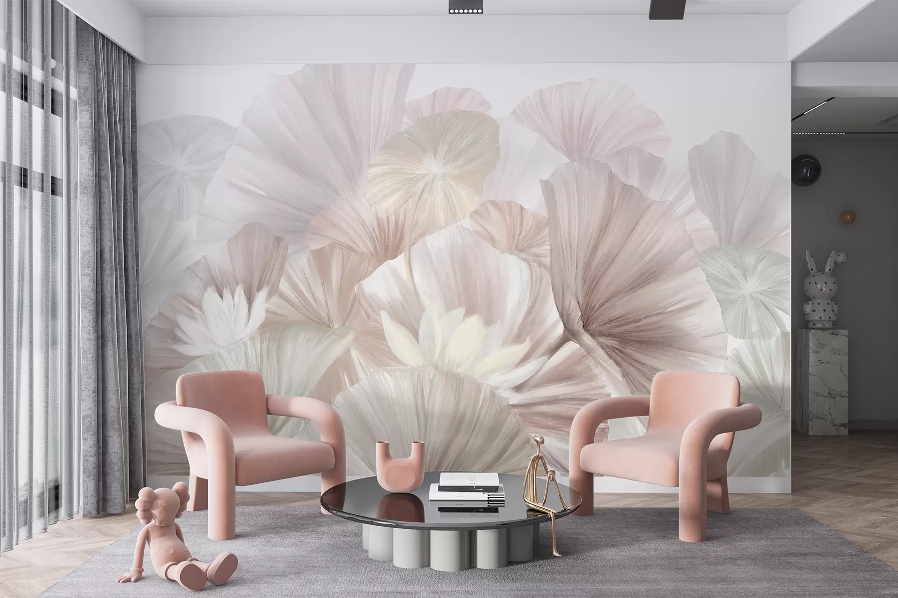 wall murals Нежни ружичасти листови лотоса са белим цветовима са меким, пернатим латицама распоређеним у природну уметничку композицију w08265v1
