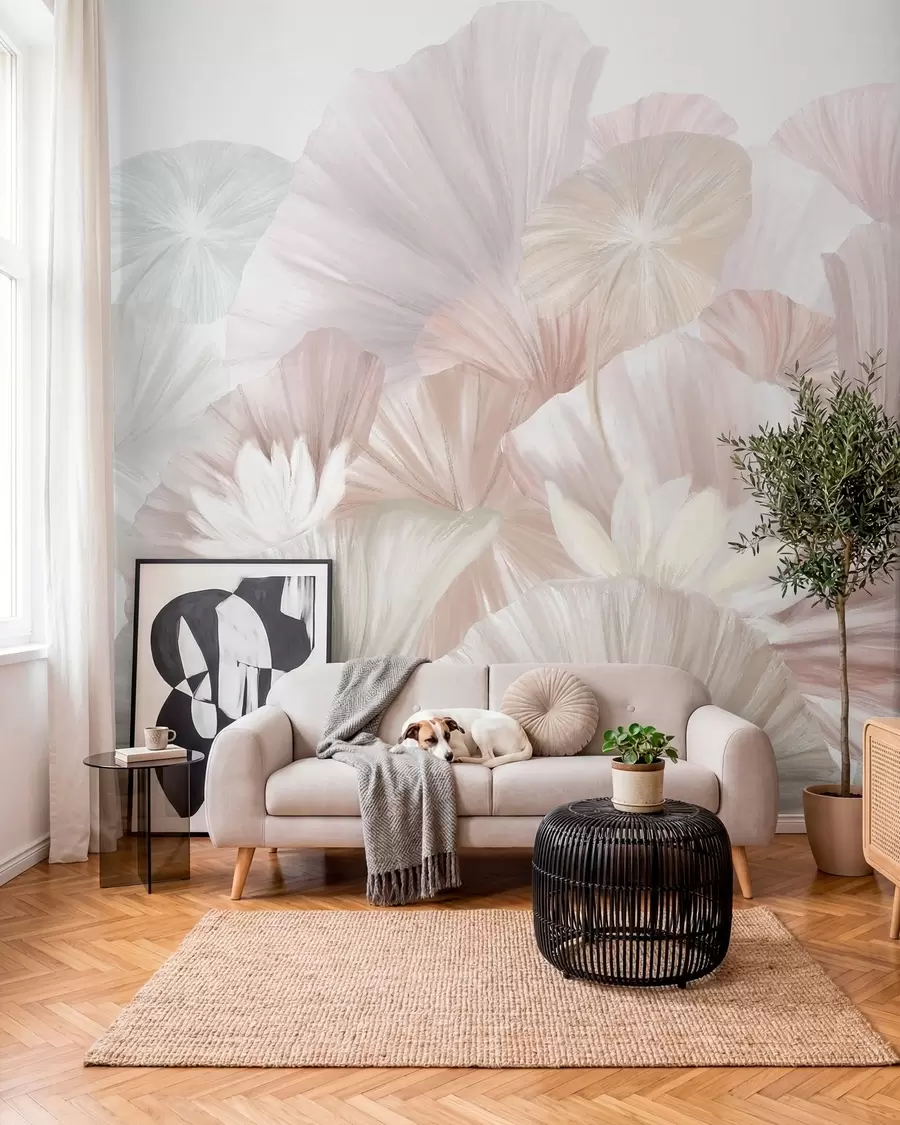 wall murals Нежни ружичасти листови лотоса са белим цветовима са меким, пернатим латицама распоређеним у природну уметничку композицију w08265v1